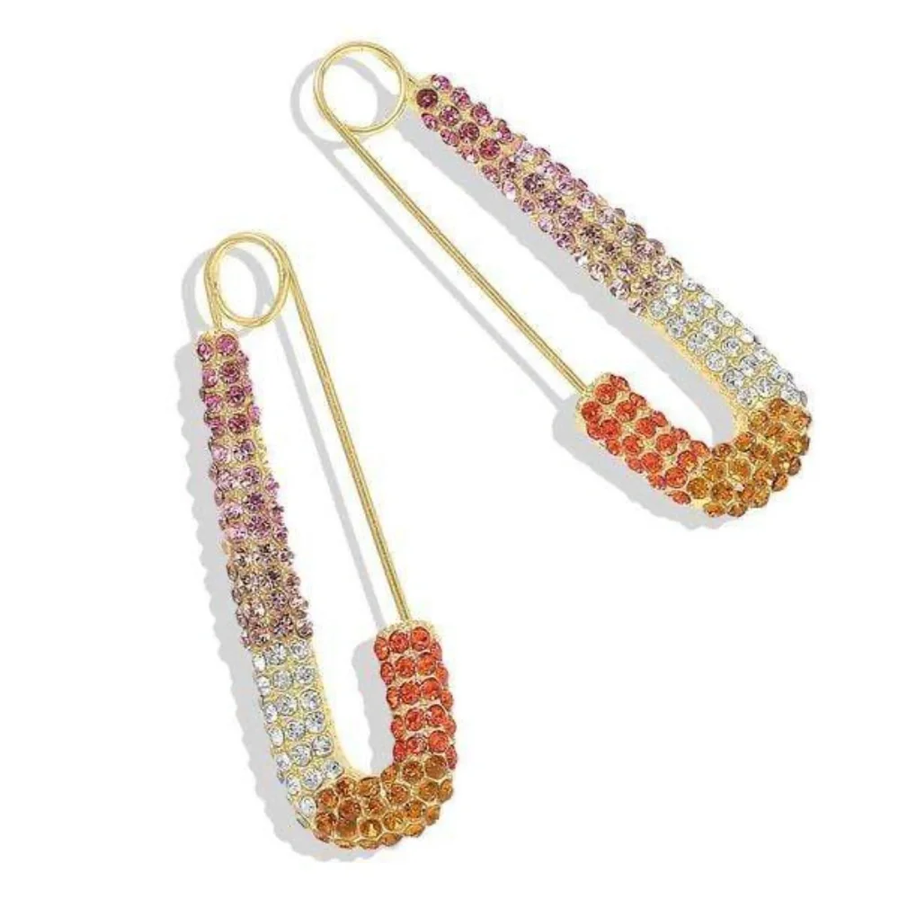 Womens Gold‎ Tone Safety Pine Earrings with Rhinestones